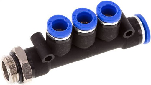 [F25KH] 8mm x 10mm x G3/8'' 3-way Manifold Messing/PA 66 Insteekfitting Buitendraad Draaibaar NBR