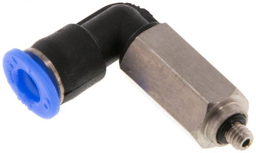 [F25XA] Racor de 4mm x M 3 90deg con rosca macho Acero/PBT NBR Manguito largo Giratorio Diseño compacto