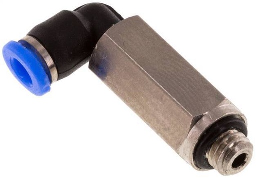 [F25XB] Racor rápido de 3mm x M 5 90deg con rosca macho Latón/PBT NBR Manguito largo Diseño compacto y giratorio