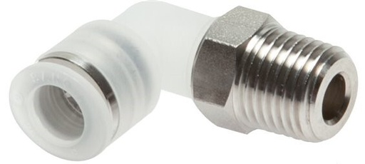 [F27BS] 6mm x R1/8'' 90deg Polypropylene (PP)/Stainless Steel Elbow Push-in Fitting with Male Threads EPDM/PTFE Rotatable