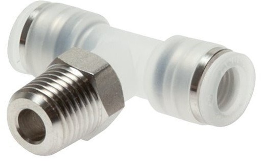 [F27CY] 4mm x R1/4'' Polypropylene (PP)/Stainless Steel Inline Tee Push-in Fitting with Male Threads EPDM FDA Rotatable