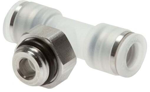 [F27DH] 10mm x G3/8'' Polypropylene (PP)/Stainless Steel Inline Tee Push-in Fitting with Male Threads EPDM FDA Rotatable