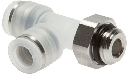 [F27EG] 10mm x R3/8'' Right Angle Polypropylene (PP)/Stainless Steel Tee Push-in Fitting with Male Threads EPDM FDA Rotatable