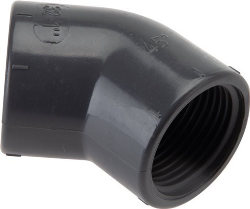 [F2EYV] 45 Grad abgewinkeltes Fitting Rp1'' Innengewinde PVC-U 16bar (224,8psi) EN 1452-3