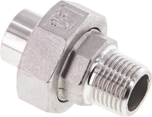 [F2FK3] Racor recto de unión R1/2'' Macho x 21,3mm Extremo para soldar Acero inoxidable Junta plana PTFE 16bar (224,8psi)