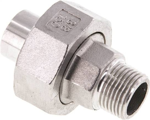 [F2FK7] Racor recto de unión R3/8'' Macho x 17,2mm Extremo para soldar Acero inoxidable Junta plana PTFE 16bar (224,8psi)