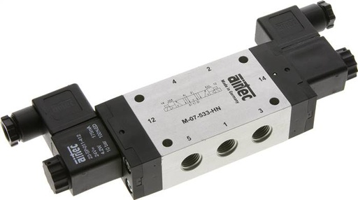 [V2N55] 5/3 G1/4'' Middenuitlaat Magneetventiel 24V DC 3-8bar/42-112psi Airtec