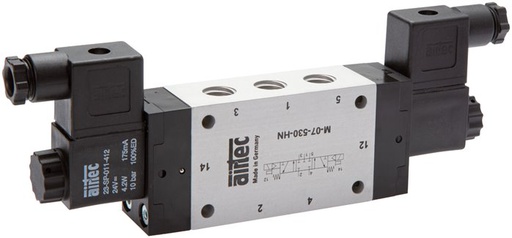 [V2NTG] 5/3 M5 Middenuitlaat Magneetventiel 24V DC 3-8bar/42-112psi Airtec