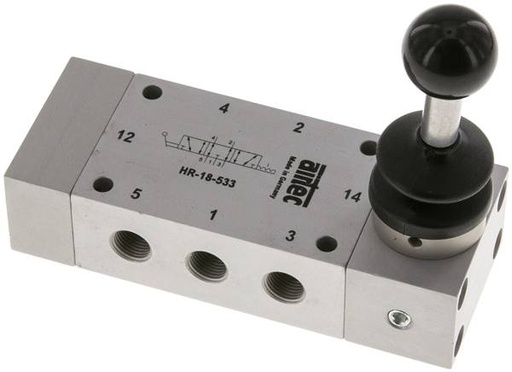 [V2QUM] valve à levier central d'échappement 5/3 G1/8'' avec détente 0-10bar/0-140psi Airtec