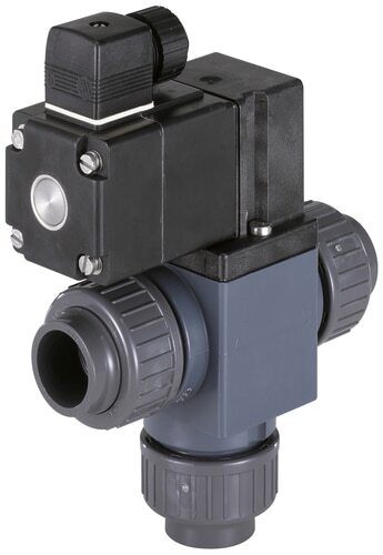 [365811] Solenoid Valve 3/2 Diverting 25 mm Glued Sleeves PVC EPDM 0-0.25bar/4psi 230VAC 0131 365811