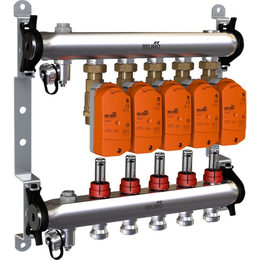 [V2XPB] Belimo Manifold 5 x Zone Valves 24VAC/DC 75s 2/3-point 1Nm IP40 Terminal EM-ECQ-05F/CQ24A-T