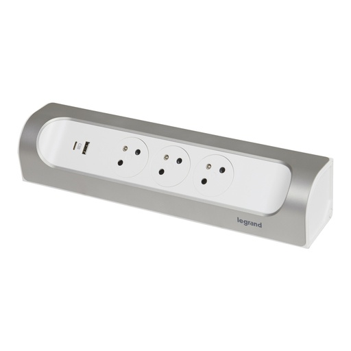 [E3HGR] Legrand 90 Grad montierbare Steckdose 3x2P+PA USB A+C Ladegerät Aluminium (Europäische Steckdose) - 049409
