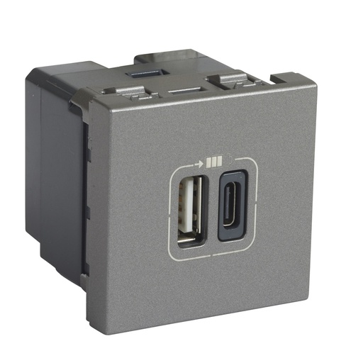 [E3J3R] Legrand Mosaic Cargador USB Tipo A+C 2 Módulos Aluminio - 079392