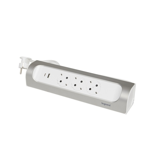 [E3HJK] Legrand 90 graden monteerbare contactdoos 3X2P+A USB A+C 1M Aluminium (Europese Stekkerdoos) - 694502