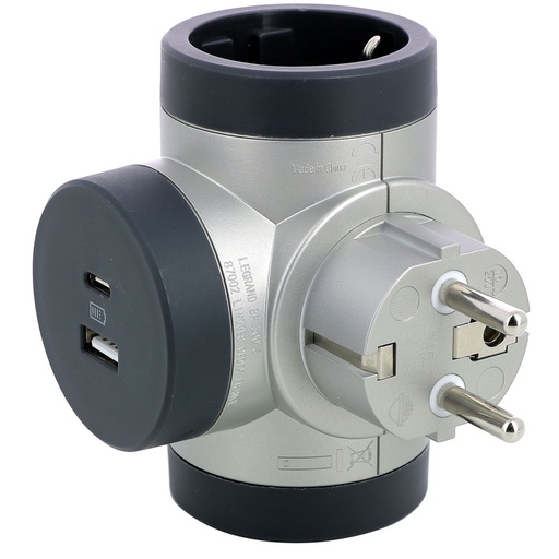 [E3HK8] Rotatable Domino Plug 3x2P+A With USB A+C - Black & White (European Socket) - 694524