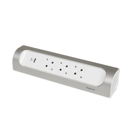 [E3HJN] Legrand 90-graden inbouwstopcontact 3x2P met USB A+C Alu-kabel (Europese Stekkerdoos) - 694504