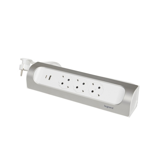 [E3HJK-X5] Legrand Enchufe Montable a 90 Grados 3X2P+A USB A+C 1M Aluminio (Enchufe Europeo) - 694502 [5 Piezas]