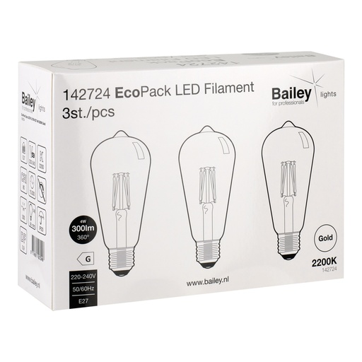 [E3XZT] Bailey EcoPack 3x Led Filament St64 E27 4W Or 2200K - 142724 [3 Pièces]