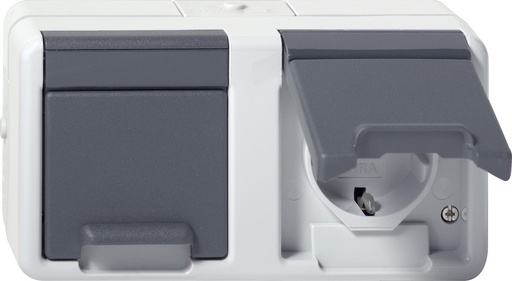[E3YXM] Prise Schuko Double Gira Avec Capot À Charnière IP44 Gris - 478130