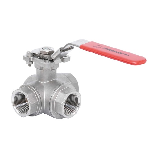 [V3JS7] Rp 1/4'' Vanne à bille 3 voies passage en T en acier inoxydable 69 bar RTFE ISO-Top F04 - TamesonPRO 1125-014-T