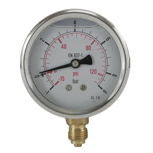 [ML-1963SVG] -1..9 Bar (-15..131 psi) Manomètre à glycérine inférieur Acier inoxydable/laiton 63 mm Classe 1.6