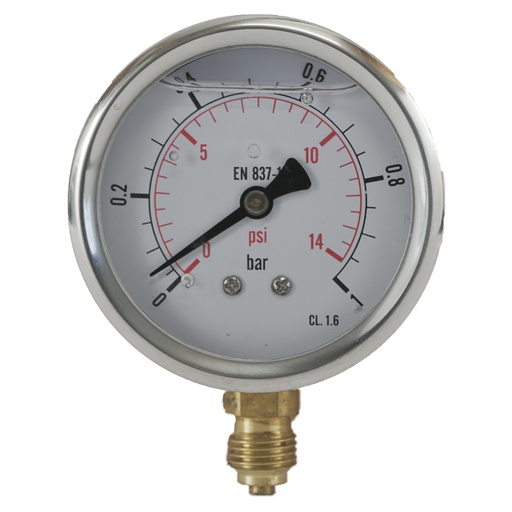 [ML0163SVG] 0..1 Bar (0..15 psi) Manomètre à glycérine inférieur Acier inoxydable/laiton 63 mm Classe 1.6