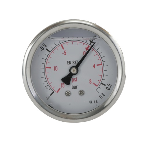 [ML-10P663SHG] -1..0.6 Bar (-15..9 psi) Manomètre à glycérine Arrière Acier inoxydable/laiton 63 mm Classe 1.6