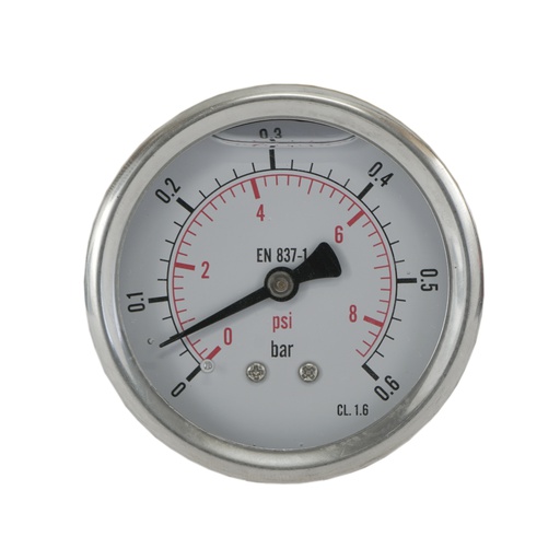 [ML00P663SHG] 0..0.6 Bar (0..9 psi) Manomètre à glycérine Arrière Acier inoxydable/laiton 63 mm Classe 1.6