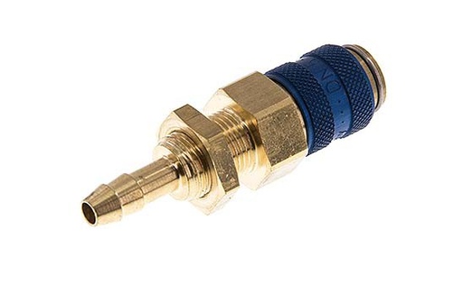 [CLS5-HB-B-BLU-SV-6] Brass DN 5 Blue Air Coupling Socket 6 mm Hose Pillar Bulkhead Double Shut-Off