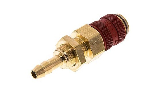 [CLS5-HB-B-RED-SV-6] Brass DN 5 Red Air Coupling Socket 6 mm Hose Pillar Bulkhead Double Shut-Off