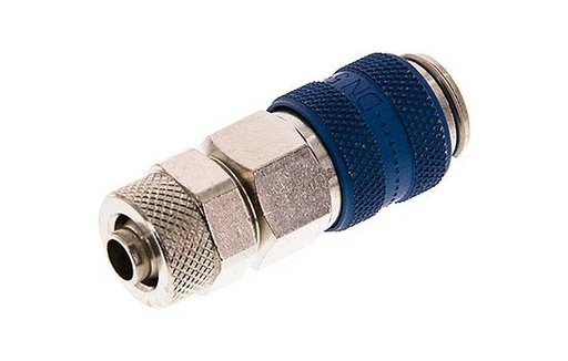 [CLS5-N-BN-BLU-SV-6] Vernikkeld Messing DN 5 Blauw Luchtkoppeling Snelkoppeling 6x8 mm Push-On Double Shut-Off