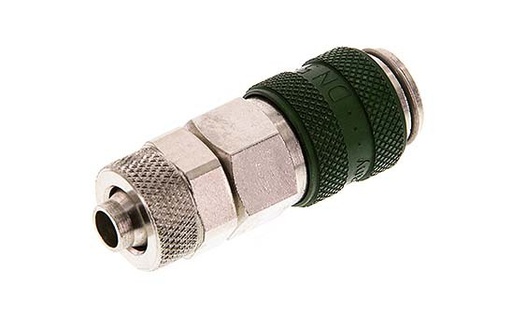 [CLS5-N-BN-GRE-SV-6] Laiton nickelé DN 5 Coupleur à air vert Douille 6x8 mm Écrou-raccord Double obturation