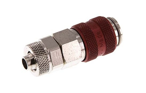 [CLS5-N-BN-RED-SV-6] Laiton nickelé DN 5 Raccord pneumatique rouge Douille 6x8 mm Écrou-raccord Double obturation