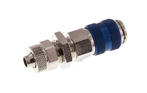 [CLS5-NB-BN-BLU-6] Latón niquelado DN 5 Azul Racor de acoplamiento de aire 6x8 mm Tuerca de unión Pasamuros