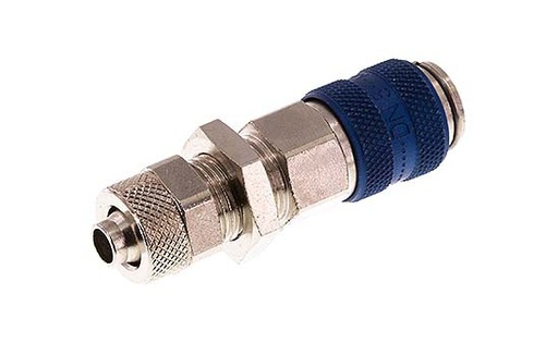 [CLS5-NB-BN-BLU-SV-6] Messing vernickelt DN 5 Blau Luftkupplungsmuffe 6x8 mm Überwurfmutter Bulkhead Doppelabsperrung