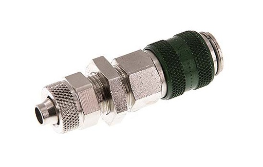 [CLS5-NB-BN-GRE-SV-6] Nickel-plated Brass DN 5 Green Air Coupling Socket 6x8 mm Union Nut Bulkhead Double Shut-Off