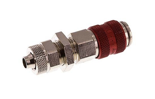 [CLS5-NB-BN-RED-6] Latón niquelado DN 5 Rojo Racor de acoplamiento de aire 6x8 mm Tuerca de unión Pasamuros