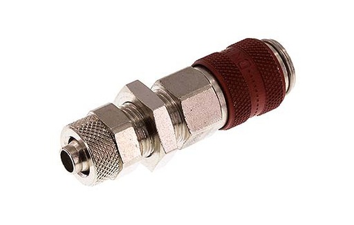 [CLS5-NB-BN-RED-SV-6] Laiton nickelé DN 5 Coupleur à air rouge Douille 6x8 mm Écrou-raccord Bulkhead Double Shut-Off