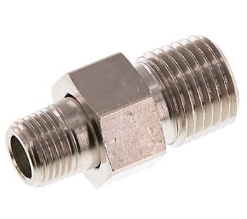 [FL2S-M-BN-012R-038R-C] R 1/2'' x R 3/8'' Espiga doble de latón niquelado de 3 piezas con cierre cónico 16 Bar