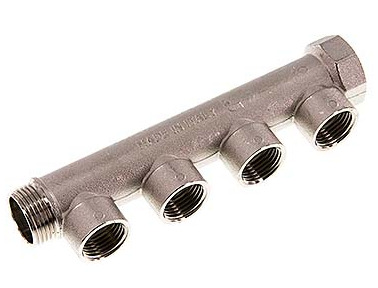 [FLM-FMF-BN-034G-012G-4M] G 3/4'' x 4xG 1/2'' F/M/F Tubos distribuidores de latón niquelado 10 Bar